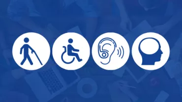 Imagem com fundo azul e ícones representando deficiência visual, física, auditiva e intelectual